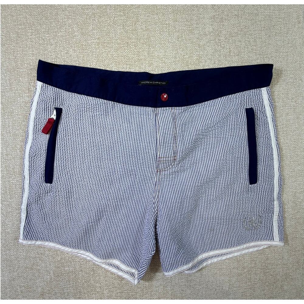 Andrew Christian Men Medium Blue White Striped Seersucker Swim Trunks Shorts